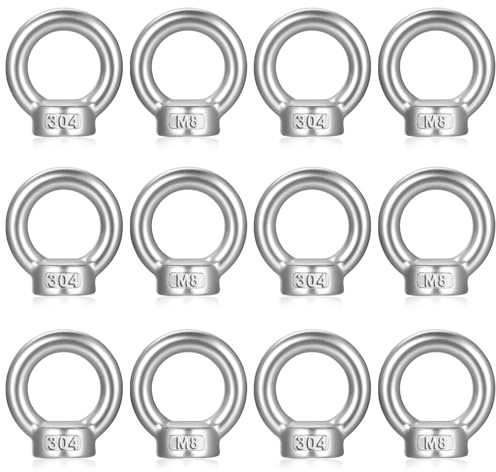 12 Piezas M8 Perno de Anillos de Elevación m8, Para Cáncamo Pernos de Ojo Tornillos de Ojo de Acero Inoxidable 304 Argollas con Rosca, tuercas de anillo para Fijación y Suspensión