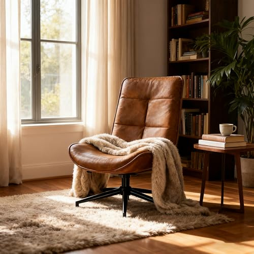 MEUBLE Cosy Relaxsessel Bequemer Drehsessel höhenverstellbar für Wohnzimmer, Moderner Lehnstühle mit Wippfunktion, Weicher Wildleder & Schwarze Metallbeine, Braun