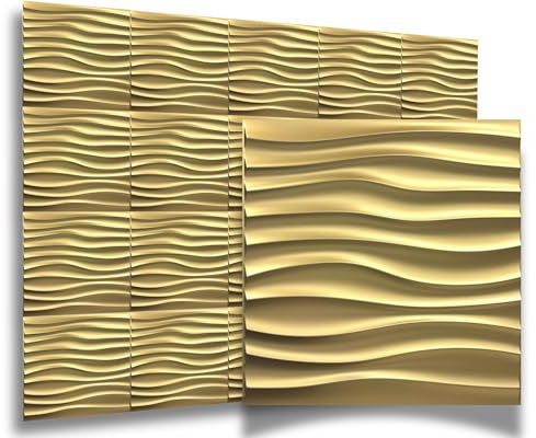 Gold 3D Paneele 50x50cm PVC Kunststoffpaneele Wandpaneele Gaming Zimmer Wand Decke 3D Optik - 8 Stück 2m² PVC 3D Platten D105 Welle Champagnergold