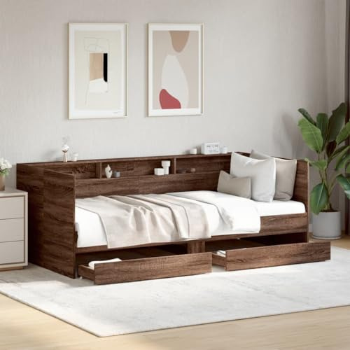HaoChrymec Tagesbett mit Schubladen, aus Holzwerkstoff, Ausziehbar, Viel Stauraum, tagesbett, einzelbett, Für Wohnzimmer & Schlafzimmer, Braun Eichen-Optik, 100x200 cm