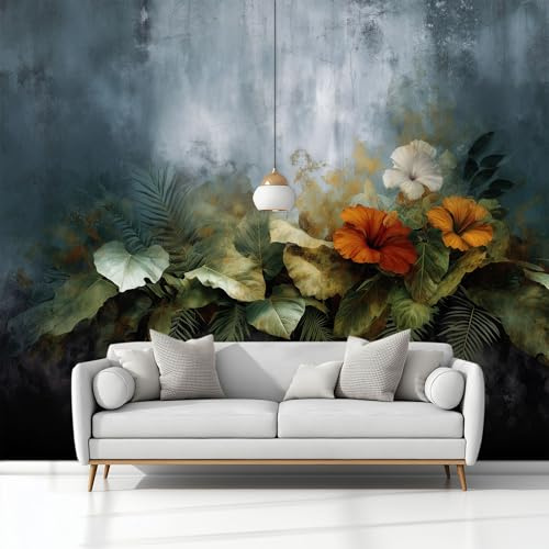 Fototapete Wanddeko Wandbild Geheimnisvolle Dschungelblätter Blumen Grau, Tapete für Küche Wohnzimmer Schlafzimmer, Motivtapeten Wandtapete Poster Vliestapete 400x280 cm