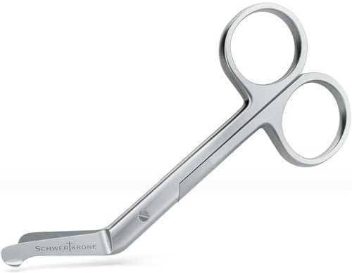 SCHWERTKRONE® Stoma Schere Mikroverzahnt [ROSTFREIER EDELSTAHL] - Gebogene Verbandsschere für Stomabeutel - Medizinische Kurvenschere für Stomaversorgung - Edelstahlschere für Rechtshänder