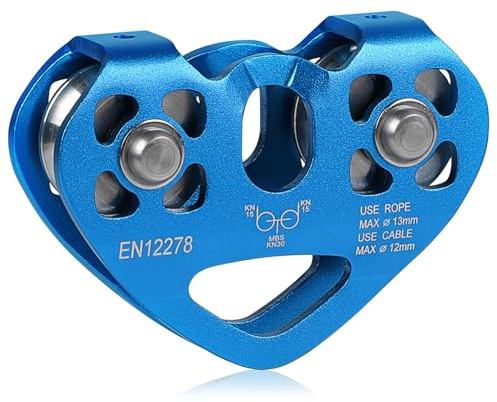 lalago Polea 30kN Azul, Carro de Cable de Rescate con Tirolina de Doble Escalada en Forma de Corazón, Polea de Tirolesa para Cables Acero Ø8-12mm y Cuerdas Textiles de hasta Ø13mm para Escalada