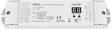 Dimmer DALI 5 Canali, 5X4A@12V/24V, 5X3A@36V/48V, Dimmerabile Con Pulsante NO, Push Dim, DALI-2, PWM, DT6 DT8 per Striscia LED Monocolore CCT RGB RGBW RGB+CCT