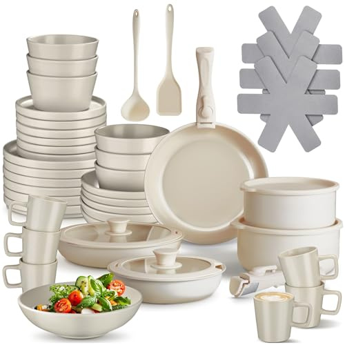 tectake® Set cucina per 6 persone 46 pcs, stoviglie e pentole, 24 pcs piatti ciotole e tazze, adatte a microonde, 11 pcs padelle, coperchi pentole manici removibili, spatola, mestolo - Tortora/Bianco