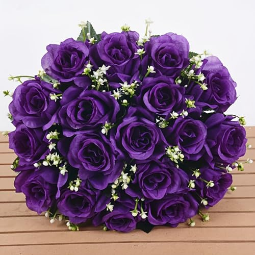 Kymo 1-Bouquet 18-Heads Artificial Roses - Realistic Fake Silk Flowers with Long Stem, for Wedding Bridal Bouquet, Home Vase Decor & Valentine's Gifts (Purple)