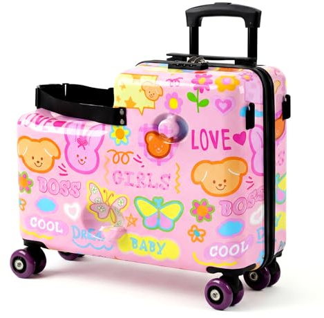 20 Ride On Luggage for Kids,Cute Pattern,Lightweight Hardshell Carry-On Luggage with Double Spinner Wheels,TSA Lock,Circular Handrail,Safety Belt,Foot Pedal,for Boys&Girls,Load Cap. 120 lbs (Pink)