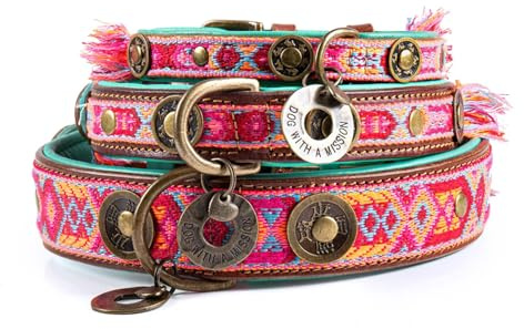 Dog with a Mission - Hundehalsband XL | Farbenfroh in Rosa und Türkis | Boho, Ibiza, Hippie | Ideal für extra große Hunde | Handgemacht | Modisch und Bunt | Aus weichem Echtes Leder | 4cm Breit