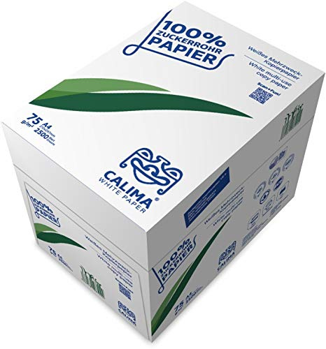 CALIMA® WHITE PAPER Kopierpapier, Druckerpapier, TreeFree, Upcyling aus 100% Zuckerrohrrückständen, umweltfreundlich, nachhaltig, DIN A4 75g/m², weiß, (2500 Blatt = 5 Pakete à 500 Blatt), Recycling