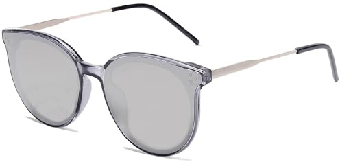SOJOS Retro Vintage Sonnenbrille Damen Hochwertige Runde Cateye Brille Übergroß UV 400 Schutz mit Federscharnier, Brilletuch und Brillenbeutel DOLPHINKlar Grau/Silber Gespiegelt