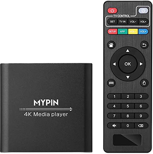 Lettore Multimediale 4K, MYPIN Media Player per HDD da 8 TB/Unità USB/Scheda TF/H.265 MP4 PPT MKV AVI Supporto HDMI/AV/Uscita Coassiale e Mouse/Tastiera, fino a 7.1 Surround Sound