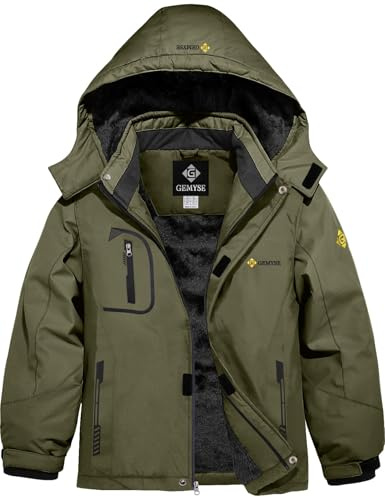 GEMYSE Boy's Waterproof Ski Snow Jacket Fleece Windproof Winter Jacket with Hood (Army Green,8)