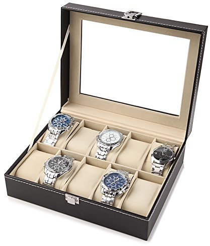 Wakects - Caja de almacenamiento para reloj de piel sintética de 10 bits, caja de visualización bloqueable de una sola capa, cojín interno extraíble adecuado para guardar relojes, pulseras, collares