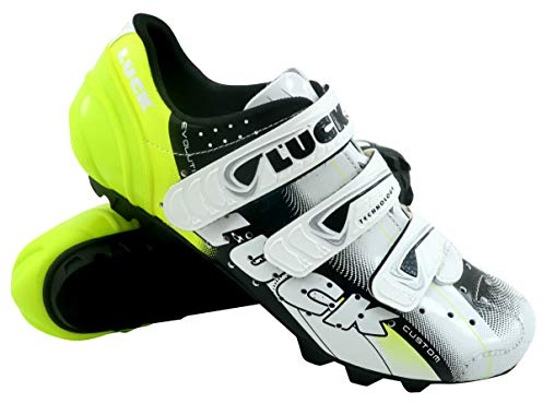 Luck Extreme 3.0 MTB Chaussures de cyclisme avec semelle en carbone et triple bande Velcro de maintien, BLANC NOIR JAUNE, 46 EU