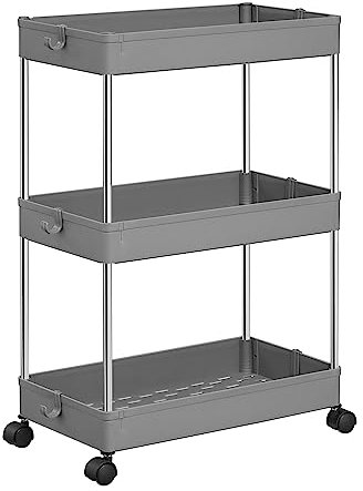 SONGMICS Rollwagen, Küchenwagen mit 3 Ebenen, Küchenregal, Nischenregal, mit 6 Haken, 360° drehbare Räder, Stahlgestell, Bad, Küche, Büro, grau KSC009G01