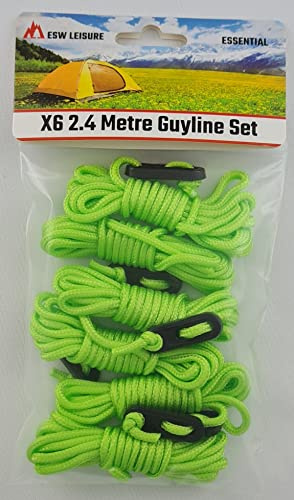 ESW LEISURE Abspannseile für Zelte, Markisen, Camping, starkes, leichtes Paracord-Seil mit Spanner, Abspannleinen, Angelschirm, Unterschlupf, Wohnwagen, Pavillon, fluoreszierendes Grün, 2,4 m, 6 Stück