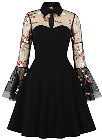 Wellwits Women's Embroidery Mesh Bell Sleeve Gothic Dress Floral in Black L