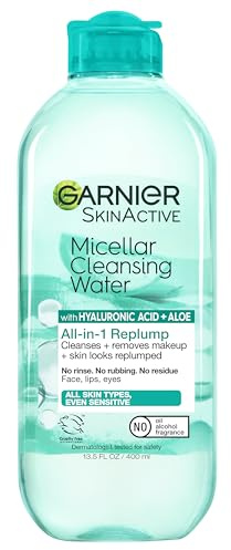 Garnier Micellar Water with Hyaluronic Acid, Facial Cleanser & Makeup Remover, Hydrating and Plumping, For All Skin Types, Vegan, Cruelty Free, 13.5 Fl Oz (400mL), 1 Count