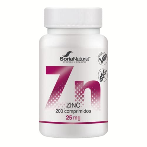 Soria Natural Zinc Comprimidos 25mg - Complemento Alimenticio para Reforzar las Defensas, Fertilidad, Caída del Cabello, Piel y Uñas, Hepatitis, Hígado Graso, Prostata, Acné | 200 comprimidos
