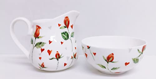 Corazones y rosas rojas crema/jarra de leche y azucarero de porcelana fina a juego juego decorado a mano Reino Unido