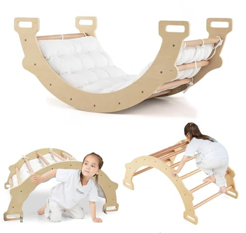 DREAMADE Arche à Bascule 2-en-1 en Bois pour Enfants 1+ Ans, Triangle d’Escalade avec Coussin Confortable pour Tout-Petits, Arche de Jeu d'Équilibre, Utilisable Intérieur (Naturel)