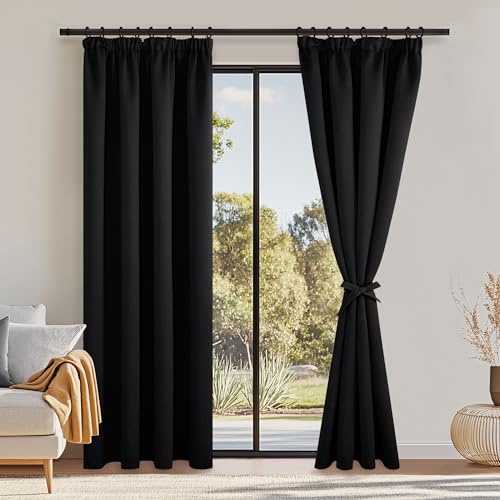 DWCN Vorhang Blickdicht Verdunkelungsgardinen mit Kräuselband, 2er Set | H245 x B140 cm Schwarz, Vorhänge Wohnzimmer Vorhang-Krawatten Wärmeisolierende Lichtundurchlässig Thermovorhang Kälteschutz