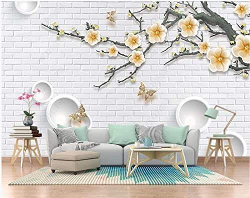 Papel Pintado Pared 3D Papel Tapiz Pared De Ladrillo Blanco Ramas Flores Fotomurales 3D Tv Fondo Pared Moderno Dormitorio Murales