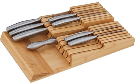 Relaxdays Messerhalter Schublade, für 9 Messer & Wetzstahl, Bambus Messerblock liegend, HxBxT: 5,5 x 13 x 40 cm, natur