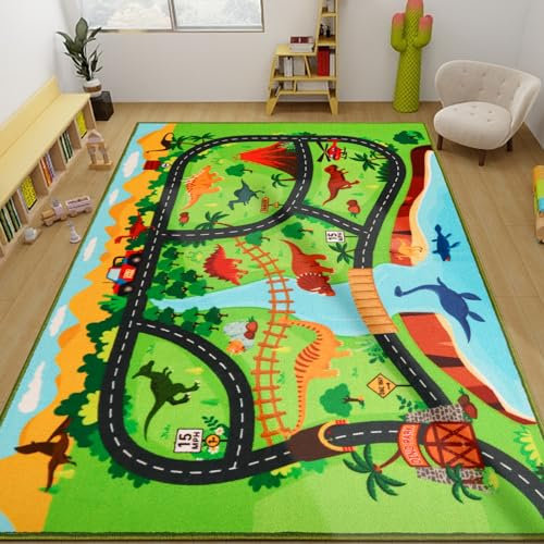 AKUNRUG Autoteppich Kinder,150 X 200 cm Dinosaurier Auto Teppiche Kinder,rutschfest Spielteppich StraßE,Maschinenwaschbar Kinderteppich Jungen füR Spielzimmer,Schlafzimmer,Wohnzimmer