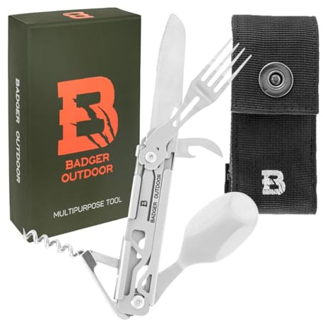 Badger Outdoor Paw, Couteau multifonction camping, 6 outils acier inoxydable, couverts pliants étui, EDC, plein air, survive