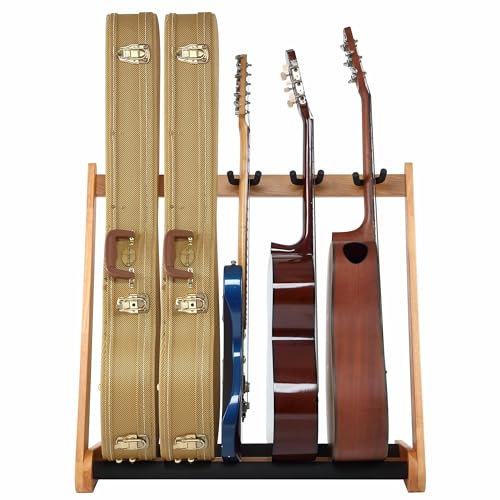 Nefelibata Mehrzweck-Gitarrenständer 5 Ständer Holzgitarrenständer Bodenständer für Gitarren und Cases, E-Gitarren, Akustikgitarren, Bassgitarren, Celli - Deutsche Esche (Original Holzfarbe)