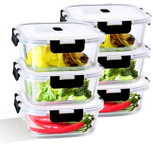 IUGHN Large 6-pack Glass Containers With Lids, 1200ml Glass Food Containers With Lids, Meal Prep Containers Glass, BPA Free Food Storage Containers With Lids Airtight, and 1 Cleaning Sponge