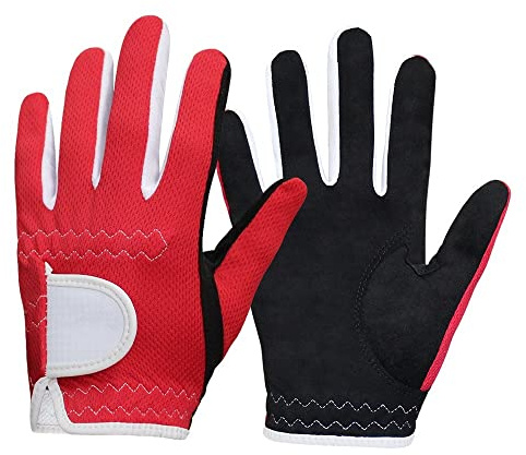 QUYNAGER Golfhandske 1 par Gloves Golf Barn Junior Barn Vänster Höger Hand Regngrepp 3D Prestanda Non-Slip Mesh Micro Soft Fiber Golf Handskar (Färg: Röd, Storlek: S)