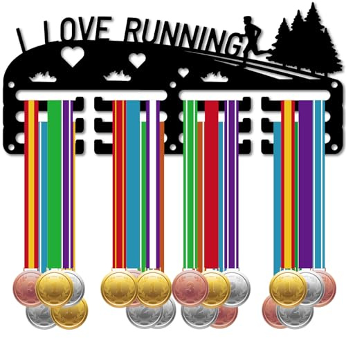 CREATCABIN Medaillenaufhänger Für Läufer,Sportmedaillenhalter,Anzeige Kleiner Marathon-Auszeichnungen,Wandregal,Rahmen Metall Eisen,Schwarzes Hängeband,Organizer Aufhängen,29x13cm I Love Running