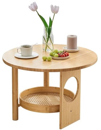 Couchtisch aus Bambus-Rattan, Vintage-Stil, mit abnehmbarem Aufbewahrungskorb, für Zuhause, Büro, Balkon, Teestube, runder Couchtisch