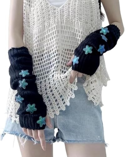 POHADON Women's Y2k Knit Arm Warmers Long Fingerless Mitten Thumb Hole Cute Star Gloves Japanese Harajuku Accessories (One Size,Black)