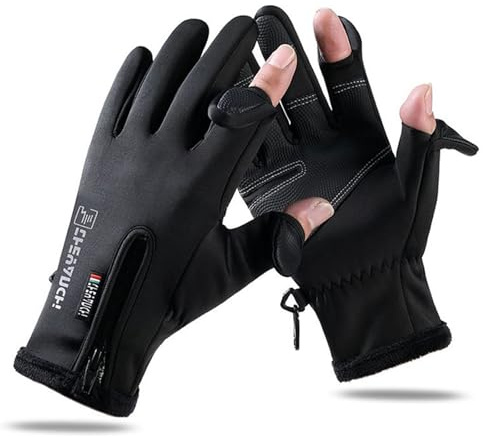 VADO VLTRA Windproof Cycling Gloves, Men and Women Winter Fishing 2 Finger Flip Padded Bike Gloves Non-slip Touch Screen with Zipper, Fingerless Gloves for Running Hiking