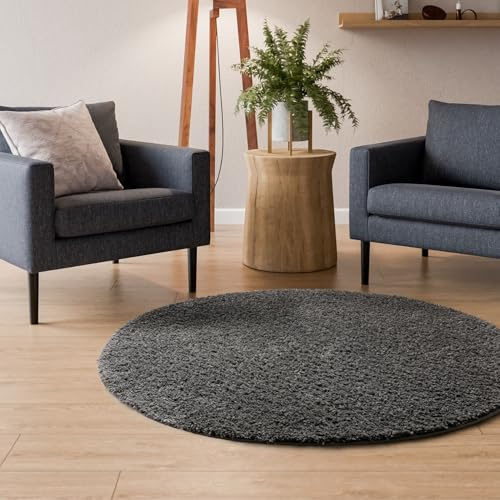 Interiyou Hochflor Teppich Sofia - 80x80 cm Rund Grau - flauschig und einfarbig - waschbar und rutschfest - weicher Langflor