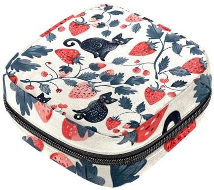 Aufbewahrungsbeutel für Damenbinden, Erdbeere, schwarze Katzen, Oxford-Stoff, Menstruationstassenbeutel, Stillkissen, Tampon-Periodenbeutel mit Reißverschluss, für Teenager, Mädchen, Damen