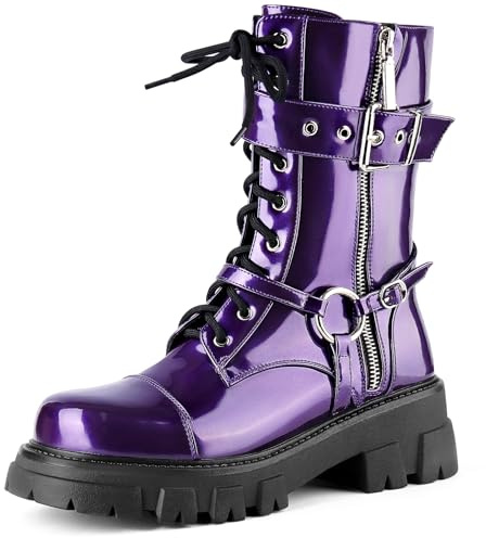 ElegaStep Women Harness Motorcycle Biker Boots Steampunk Combat Boots Chunky Goth Boots Mid Calf Boots Lug Sole Lace Up Side Zipper Purple US 9