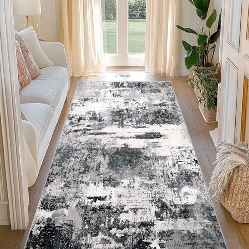 Tapis de couloir, 80 x 150 cm, lavable, design abstrait, antidérapant, moderne à poil court, pour couloir, salle à manger, salon, chambre à coucher, couleur noir et blanc