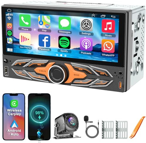 Doppeltes Autoradio kompatibel mit kabellosem CarPlay, Autoradio mit 6,8-Zoll-IPS-Touchscreen, Auto-Bluetooth, FM-AM-Radio, GPS-Navigation, Typ-C/Dual-USB 2.1A-Schnellladung/Rückfahrkamera, Auto-MP5