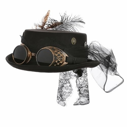 KarneLux Steampunk Zylinder Damen - Hut mit Brille also Kostüm Accessoire - Ideal für Fasching, Karneval und Motto Partys