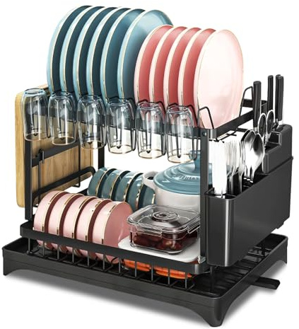 Ecofocet Scola Piatti Lavandino, Scolapiatti da Appoggio a 2 Ripiani Cesto Portaoggetti con Vassoio Raccogligocce e Porta Utensili, Porta Piatti da Interno Mobile, 42×29×29cm, Nero