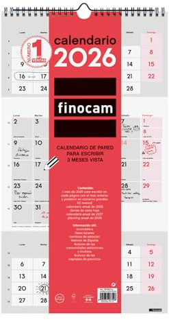 Finocam Wandkalender 2026, 3 Monate Ansicht Januar – Dezember 2026 (12 Monate), Kalender 2026 zum Notizen, neutraler Monatsplaner – Spanisch