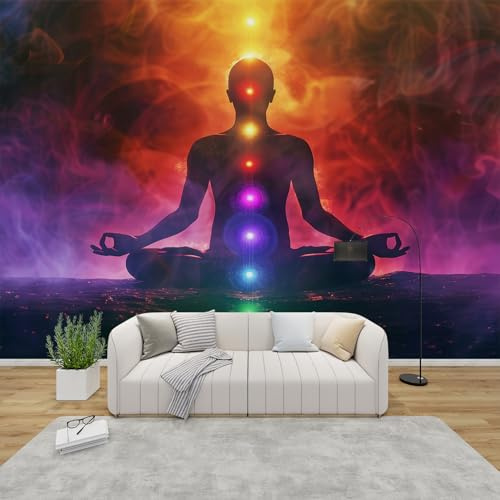 QEODAH Fototapete Chakra Schlafzimmer, 3D Tapete Meditation Spirituelle, Vliestapete Bunt, Tapeten Wohnzimmer Muster, Bunte Zen Yoga Wand Deko Kinderzimmer, Wandtapete, Mustertapete Vlies 200x140 cm