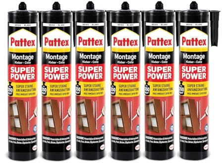 Pattex Montagekleber Super Power, Kartusche, weiß, 6x 370g | Hochfester Baukleber für schwere Objekte – ideal für Innen- & Außenbereich