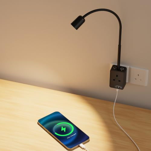 PRINCEWAY Plug in LED Reading Light, Dimmable Black Flexible Bedside Wall Lamp with Power Plug and Outlet, Two Touch Switches, 3 Lighting Color Modes, 50° Beam Angle, USB Output Charging Ports