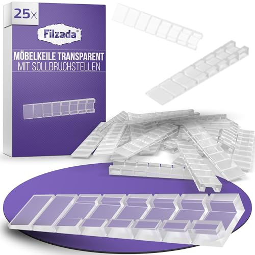 Filzada® 25x Möbelkeile Transparent 100x20x8mm - Unterlegkeile Kunststoff | Ausgleichskeile mit Sollbruchstellen - Kunststoffkeile zum Justieren schiefer Möbel & Schränke Abstufung 2-8mm - Plastikkeile