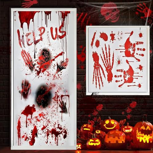 NIYATA Halloween Window Decoration Zombie Poster Set Reusable Decoration with Bloody Handprints Footprints and Wall Stickers for Haunted House Party Decoration